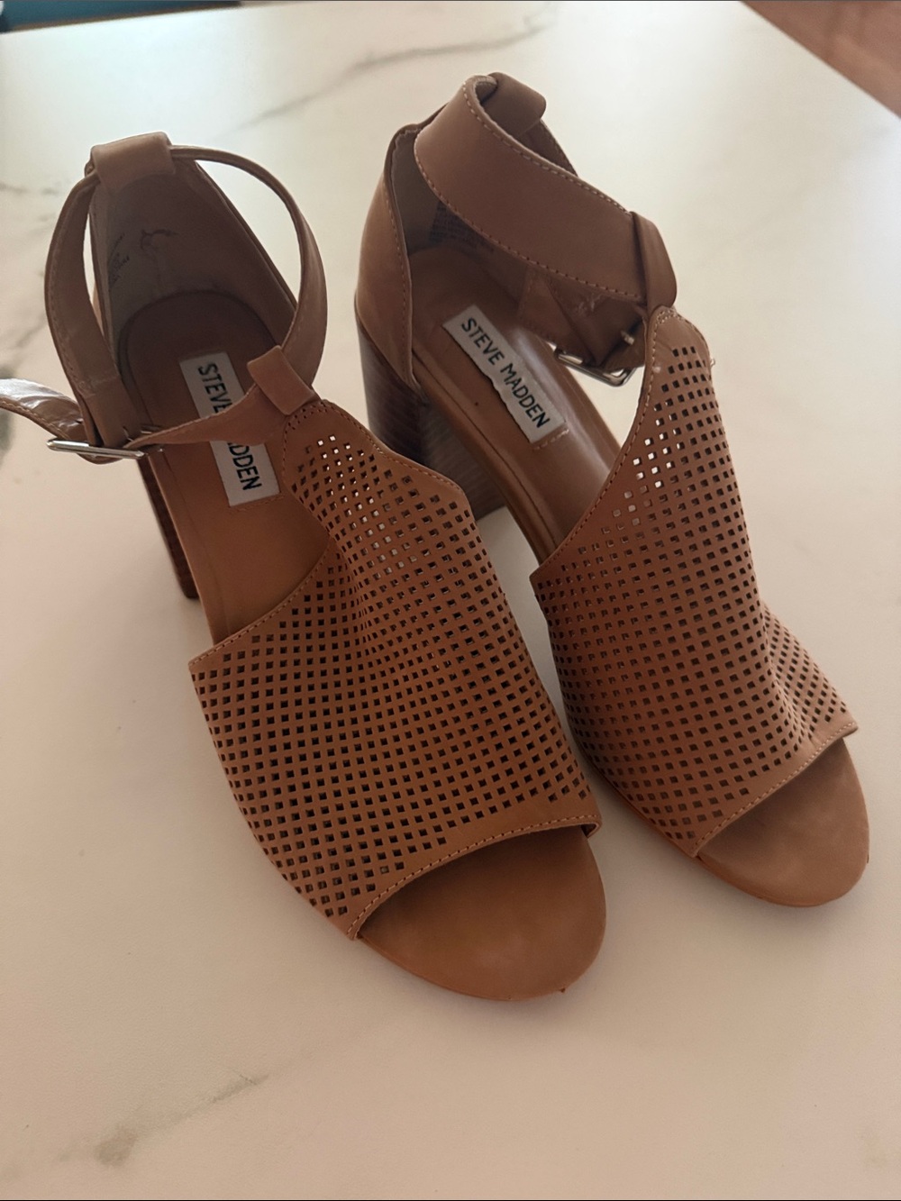 Steve Madden Tan Perforated Open Peep-Toe Block Heels